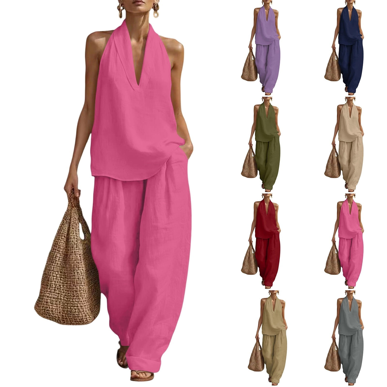 Fgvctg Womens Summer 2 Piece Set Halter Neck Sleeveless Top Pant