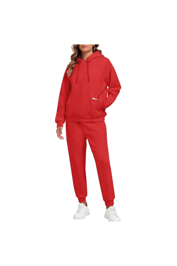 Womens Sweat Set 2 Piece Spring Lounge Hoodies Warm Fleece Sweatsuits Plus Size Jogger Sweatpants Oversized Sweatshirts Tracksuit with Pockets Red S