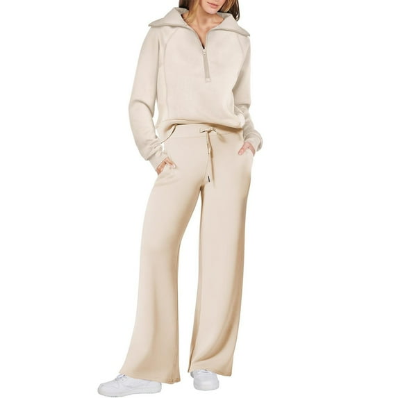 Fgvctg Womens Sweat Set Fleece Half Zip Sweatshirt Lounge Sets 2 Piece Sweatsuits Wide Leg Sweatpants Casual Jogger Fall Tracksuit with Pockets Beige S