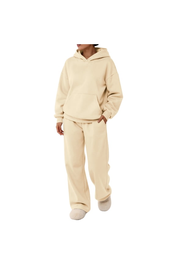 Womens Sweatsuits Set 2 Piece Spring Sweatsuit Fashion Jogger Sweatpant Comfy Soft Tracksuits Oversized Sweatshirt Lounge Hoodie with Pockets Beige M