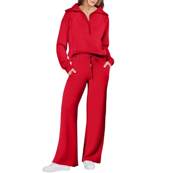 Fgvctg Womens Sweatsuits Set Fleece Half Zip Sweatshirts Lounge Sets 2 Piece Sweatsuit Wide Leg Sweatpant Cozy Jogger Fall Tracksuit with Pockets Red XL