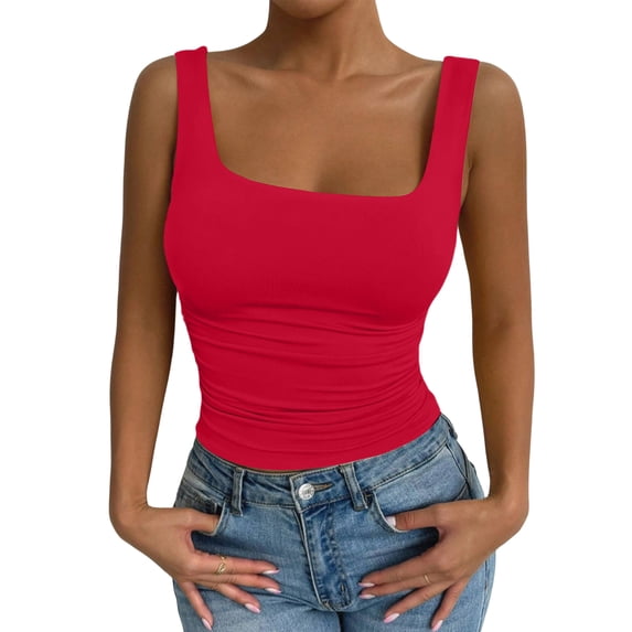 Fgvctg Womens Tank Top with Built In Bra Tummy Control Shapewear Tank Tops U Neck Slim Fit Shapewear Bras Sleeveless Seamless Compression Stretchy Bra Oversized Workout Camisole Top Red L