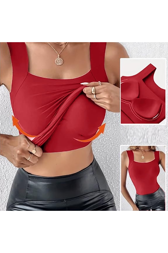 Womens Tank Tops with Built In Bras Tummy Control Shapewear Tank Top U Neck Slim Fit Shapewear Bra Sleeveless Seamless Compression Stretchy Bras Plus Size Workout Camisoles Tops Red L