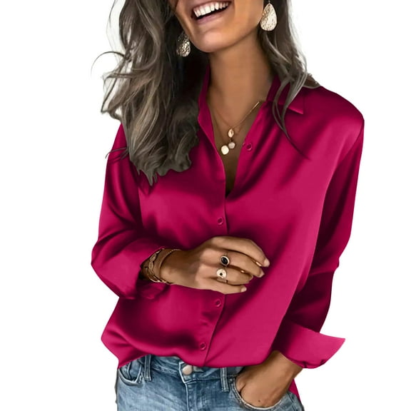 Fgvctg Womens Tops Silk Satin Classy Solid Color Long Sleeve Tops V Neck Shirt Loose Casual Business Casual Tops Wine L