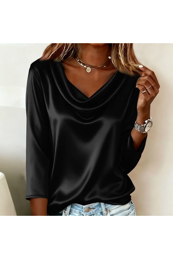 Womens Tops Silk Satin Fashion Pure Color Long Sleeve Top Crewneck Shirts Dressy Casual Work Office Clothes Black L