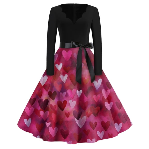 Fgvctg Womens Valentine'S Day Date Night Dress Cocktail Cute Heart Graphic Cocktail Dress Vintage V Neck 1950S Dress Long Sleeve Dressy Romantic Outfit Hot Pink L