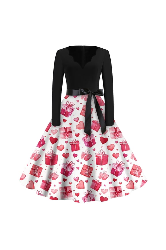 Womens Valentine'S Day Date Night Dress Cocktail Sweet V Neck Cocktail Dresses Love Heart Graphic Pretty 1950S Dress Long Sleeve Vintage Dressy Clothes Pink M