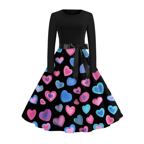 Fgvctg Womens Valentine'S Day Date Night Dress Romantic Crewneck Vintage Dress Cocktail Cute Heart Graphic Hepburn Dress 1950S Long Sleeve Plus Size Dressy Clothing Dark Blue S