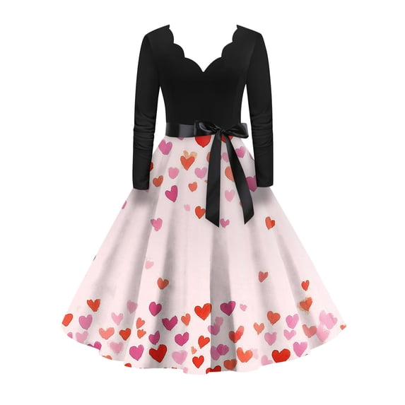 Fgvctg Womens Valentine'S Day Date Night Vintage Dress Cocktail Love Heart Graphic Vintage Dress Cocktail Classy V Neck 50S Tea Dress Long Sleeve Dressy Elegant Outfits Watermelon Red S