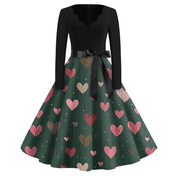 Fgvctg Womens Valentine'S Day Date Night Vintage Dress Cocktail Romantic V Neck Vintage Dress Cocktail Cute Heart Print Trendy 1950S Tea Dress Long Sleeve Classy Dressy Outfit Navy 2XL