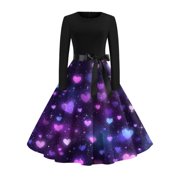 Fgvctg Womens Valentine'S Day Dresses For Date Night Romantic Crewneck Vintage Dresses Cocktail Cute Heart Print Soft 1950S Tea Dress Long Sleeve A-Line Dressy Clothes Dark Purple 2XL