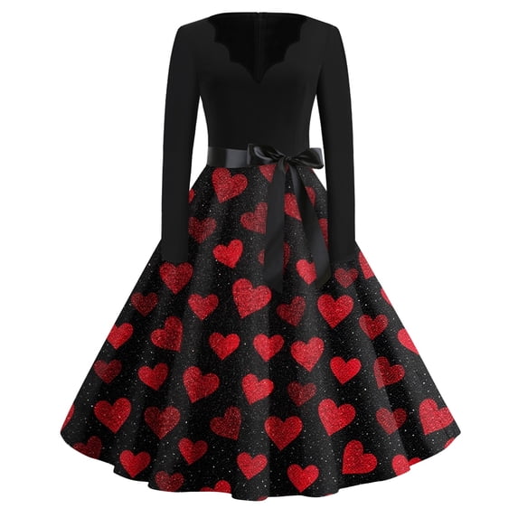 Fgvctg Womens Valentine'S Day Wedding Guest Dress Elegant V Neck Vintage Dress Cocktail Love Heart Print Casual Dress 1950S Date-Night Long Sleeve Plus Size Dressy Outfit Red M