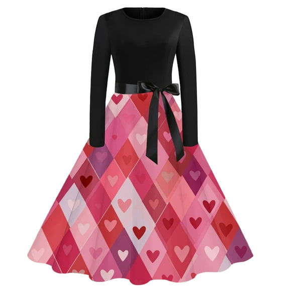 Fgvctg Womens Valentine's Day Date Night Dress Cocktail Romantic Crewneck Cocktail Dress Cute Heart Print Casual Dress 1950s Long Sleeve Vintage Dressy Clothing Black S