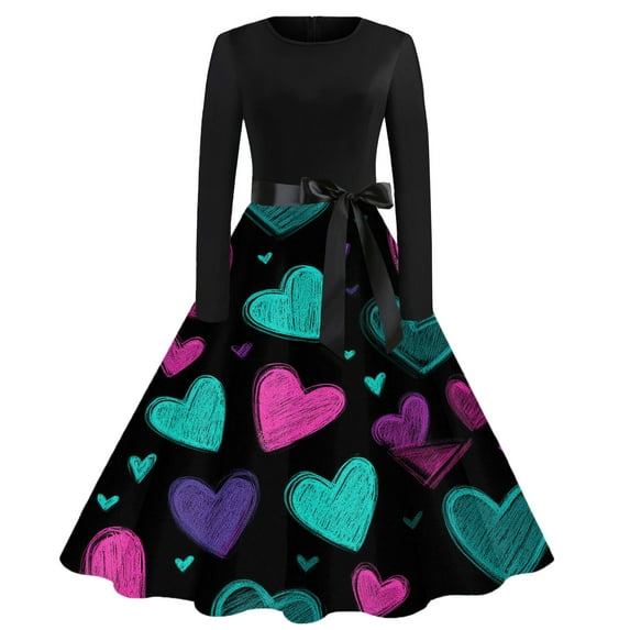 Fgvctg Womens Valentine's Day Date Night Dress Cute Heart Graphic Vintage Cocktail Dresses Lightweight Crewneck 50s Tea Dress Long Sleeve Dressy Romantic Clothing Cyan L