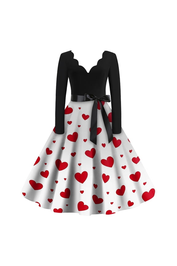 Womens Valentine's Day Date Night Dress Love Heart Print Cocktail Dresses Vintage V Neck Dress 1950s Long Sleeve Dressy Elegant Clothes Red L