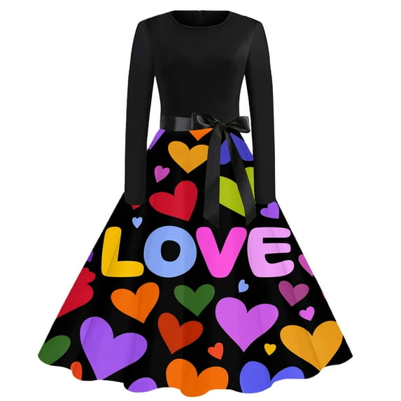 Fgvctg Womens Valentine's Day Date Night Dress Love Heart Print Vintage Cocktail Dresses Classy Crewneck Dress 1950s Long Sleeve Dressy Elegant Clothes Multicolor M
