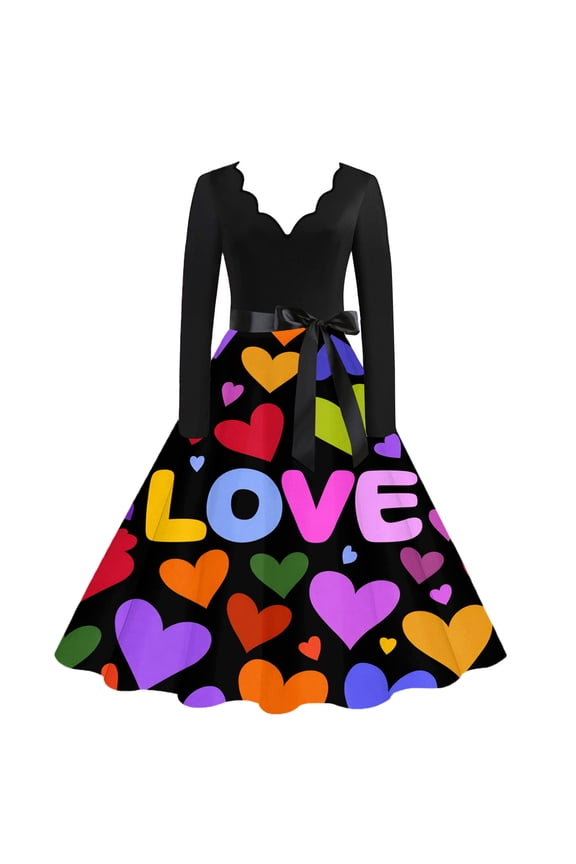 Womens Valentine's Day Date Night Dress Vintage Cocktail Love Heart Print Vintage Cocktail Dress Sweet V Neck 50's Dress Long Sleeve Dressy Sweet Clothing Multicolor 3XL