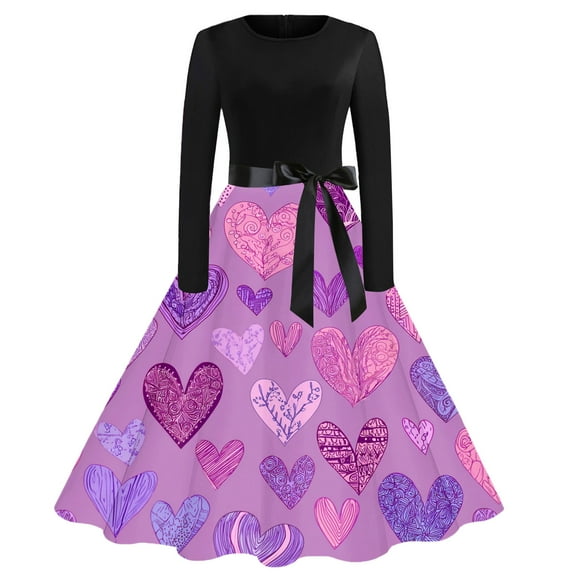 Fgvctg Womens Valentine's Day Dresses for Wedding Guest Love Heart Print Vintage Cocktail Dress Sweet Crewneck 1950s Dresses Long Sleeve Dressy Sweet Date-Night Outfit Light Purple 5XL