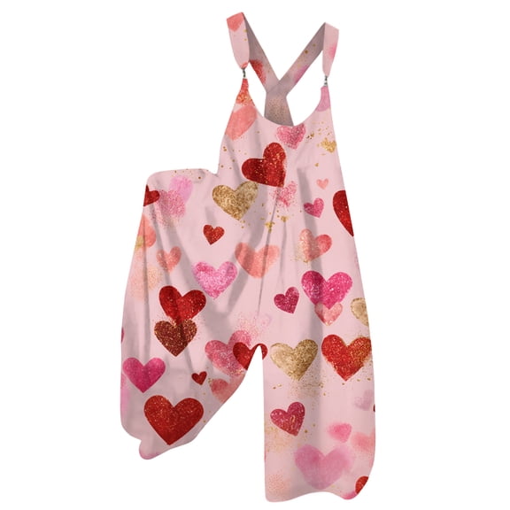 Fgvctg Womens Valentine's Day Jumpsuit Sleeveless Date Night Spaghetti Straps Overall Romantic Wide Leg Pant Love Heart Print Bib Overalls Romper Sprimg Pants With Pockets Light pink 3XL