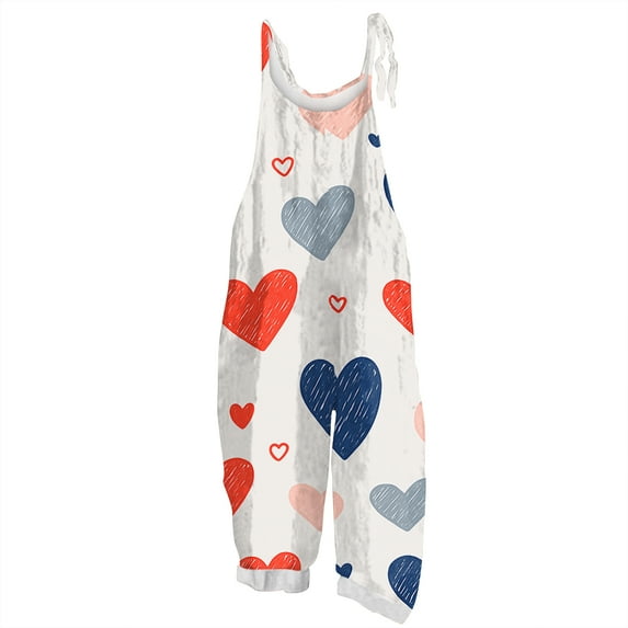 Fgvctg Womens Valentine's Day Jumpsuit Sleeveless Date Night Spaghetti Straps Overalls Vintage Wide Leg Pant Love Heart Graphic Bib Overalls Rompers Sprimg Pant With Pockets White S