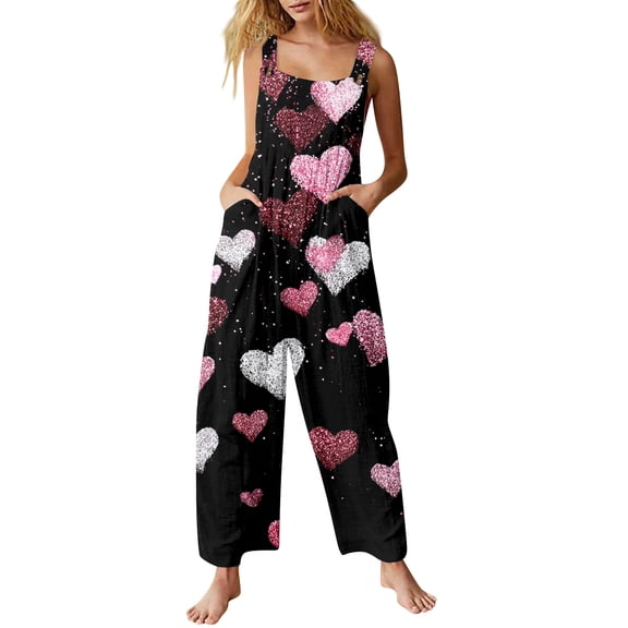 Fgvctg Womens Valentine's Day Jumpsuit Wide Leg Pant Date Night Spaghetti Straps Dressy Love Heart Print Jumpsuit Sleeveless Bib Overalls Sprimg Rompers Clothing With Pockets Light pink 5XL