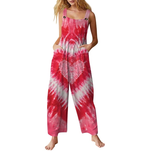 Fgvctg Womens Valentine's Day Jumpsuits Sleeveless Date Night Spaghetti Straps Overall Vintage Wide Leg Pant Love Heart Print Bib Overalls Rompers Sprimg Pant With Pockets Watermelon Red M