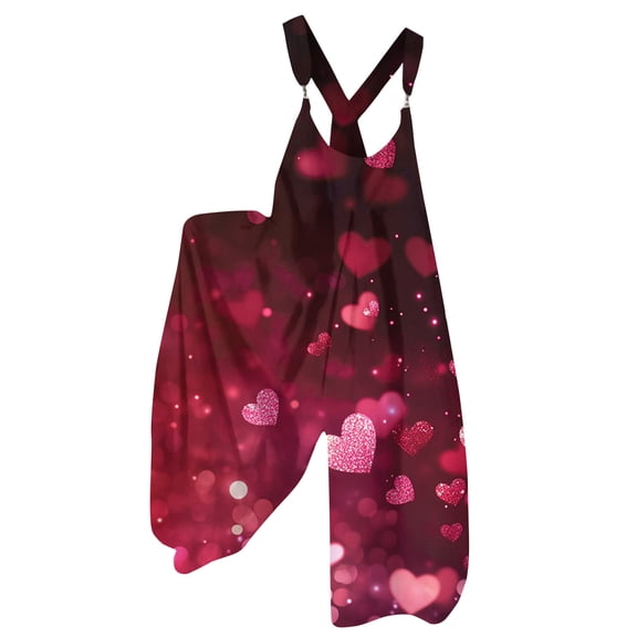 Fgvctg Womens Valentine's Day Jumpsuits Wide Leg Pant Casual Overall Love Heart Graphic Sleeveless Date Night Spaghetti Straps Jumpsuits Rompers Bib Overalls Loose Sprimg Pants With Pockets Wine XL