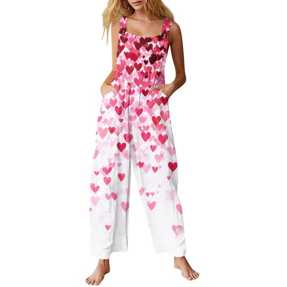 Fgvctg Womens Valentine's Day Jumpsuits Wide Leg Pant Cute Overall Love Heart Graphic Sleeveless Date Night Spaghetti Straps Jumpsuit Rompers Bib Overalls Loose Sprimg Pant With Pockets Wine 5XL