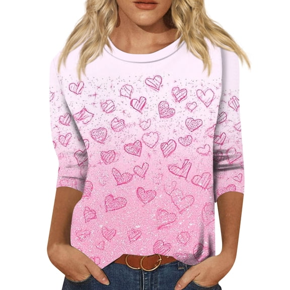 Fgvctg Womens Valentine's Day Tops Casual Crewneck 3/4 Length Sleeve Shirts Date Night Pullover Romantic Top Loose Sweet Love Heart Graphic Half Sleeve Blouses Watermelon Red 2XL