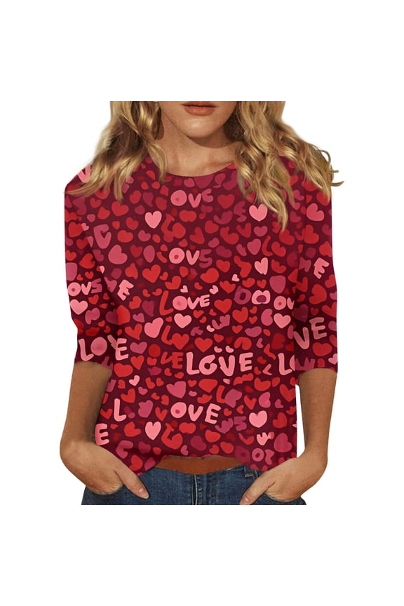 Womens Valentine's Day Tops Casual Crewneck 3/4 Sleeve Tops Plus Size Date Night Pullover Shirts Romantic Love Heart Print Half Sleeve Blouses Wine L