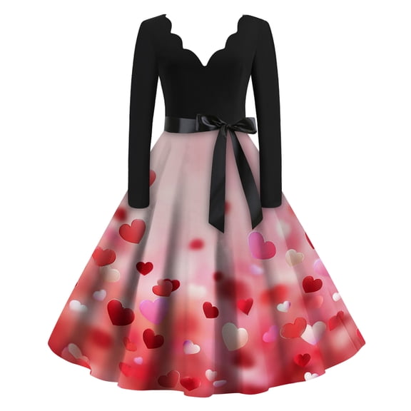 Fgvctg Womens Valentine's Day Wedding Guest Dress Romantic V Neck Vintage Cocktail Dress Cute Heart Graphic Soft 1950s Dresses Date Night Long Sleeve Plus Size Dressy Clothing Pink S
