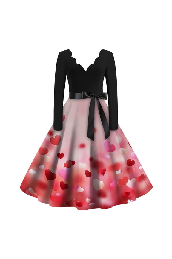 Womens Valentine's Day Wedding Guest Dress Romantic V Neck Vintage Cocktail Dress Cute Heart Graphic Soft 1950s Dresses Date Night Long Sleeve Plus Size Dressy Clothing Pink S