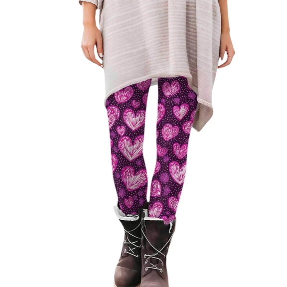 Fgvctg Womens Valentines Day Leggings Full Length Stretch Workout Leggings Cute Love Heart Print Casual Outfits Plus Size Yoga High Waisted Thermal Joggerss Clothes Light Purple L