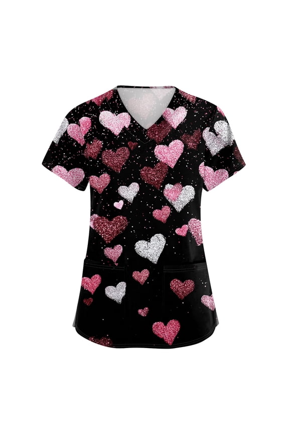 Womens Valentines Day Scrub Tops Cute Love Heart Print V Neck Short Sleeve Top Scrub Casual Working Medical T Shirts Oversized Scrubs Nursing Uniforms Workwear Shirts with Pocket Black 2XL