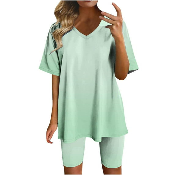 Fheaev 2 Piece Outfits For Women Pants Sets Plus Size Gradient Two Piece Suit V-Neck Blouses Top Short Sleeve Sport T Shirt Pants Biker Short Workout Jogger Sets