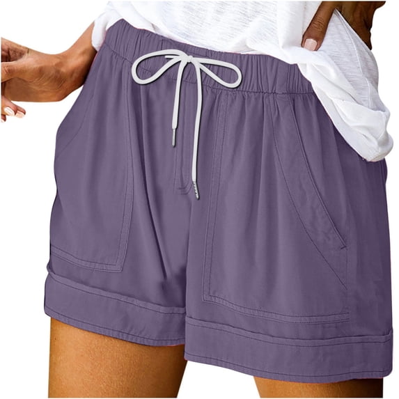Fheaev Athletic Shorts for Women Workout Shorts Comfy Drawstring Shorts Casual Loose Fit Wide Leg with Pockets Plain Solid Color Lightweight Elastic Waist Summer Beach Short Plus Size Pants