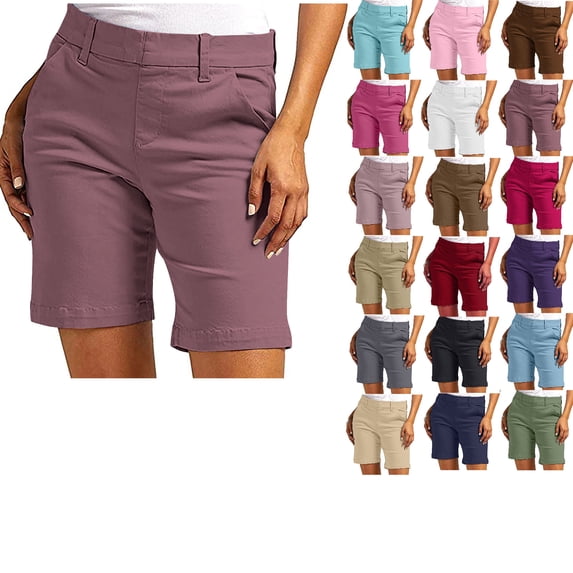 Fheaev Bermuda Shorts for Women Knee Length High Waisted Cotton Elastic Wasit Summer Dressy Athletic Shorts Casual Long Chino Shorts Pull On Regular Fit Hiking Shorts with Pockets