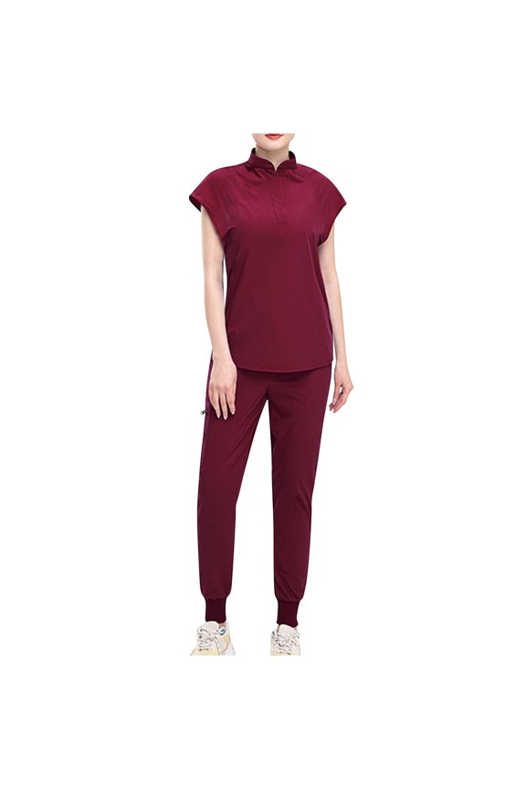 Top Set For Women Nurse Uniform Jogger Suit Stretch Top Pants With Multi Pocket For Nurse Esthetician Workwear V-Neck Short Sleeved Protective Work Suit