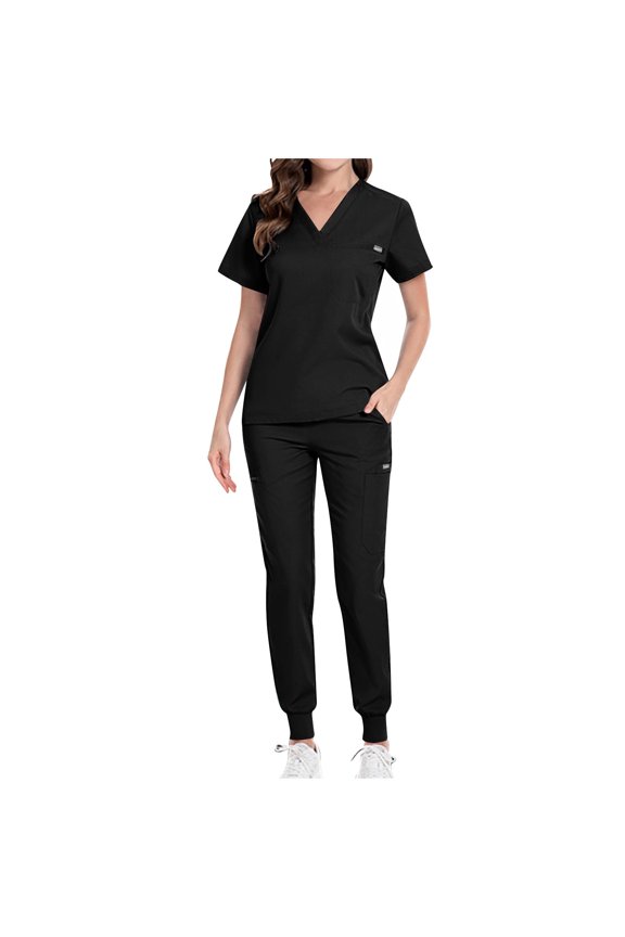 Top Set For Women Nurse Uniform Jogger Suit Stretch Top Pants With Multi Pocket For Nurse Esthetician Workwear V-Neck Short Sleeved Protective Work Suit