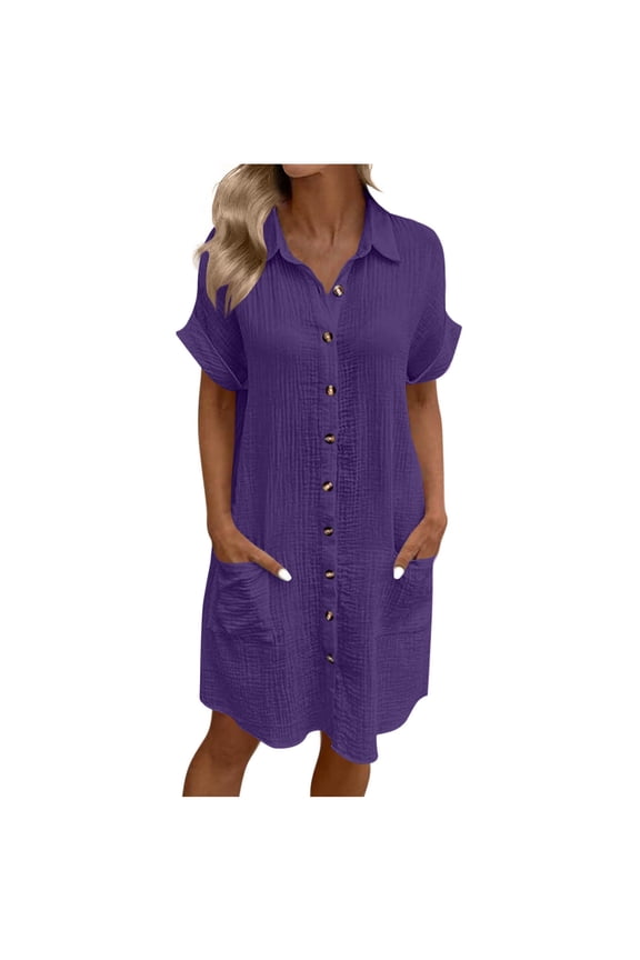 Button Down Shirt Dresses for Women Cotton Button Up Tunics Top Long Sleeve V Neck Solid Blouse Tops with Pockets Trendy Dressy Casual Loose Comfy Tunic Clothes