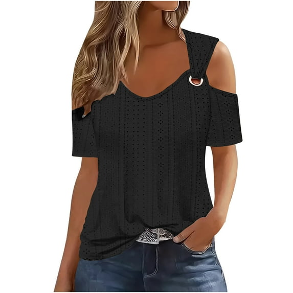 Fheaev Summer Tops For Women 2024 2024 Women'S Fashion Casual Solid Color Shoulder Leakage Short Sleeve Pullover Short Sleeve Top