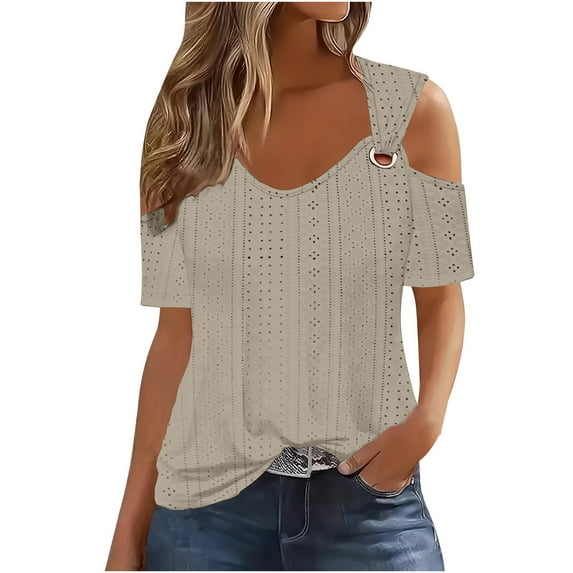 Fheaev Summer Tops For Women 2024 2024 Women'S Fashion Casual Solid Color Shoulder Leakage Short Sleeve Pullover Short Sleeve Top