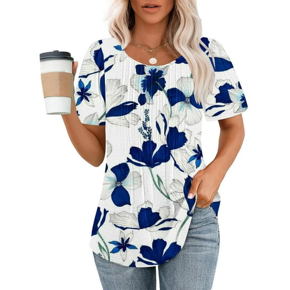 Fheaev Summer Tops For Women 2024 Fashionable Women'S Casual Short Sleeved Loose Round Neck Printed Top