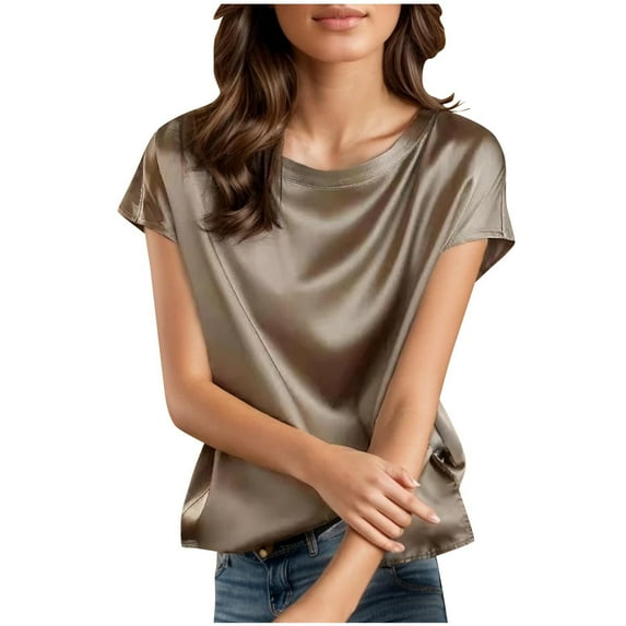 Fheaev Summer Tops For Women 2024 Women'S Casual Solid Color Short-Sleeved Crew-Neck Top