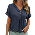thumbnail image 1 of Fheaev Summer Tops For Women 2024 Women'S Casual Solid Short-Sleeved Button V-Neck Top Blouse, 1 of 7