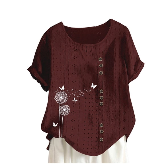 Fheaev Summer Tops For Women 2024 Women'S Fashion Printed Comfortable Loose Short Sleeve Blouse Button Court Lock Casual Round-Neck Tops