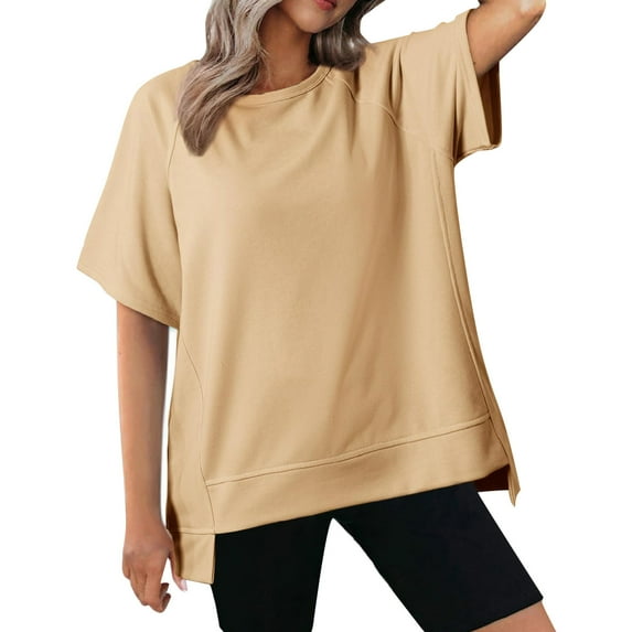 Fheaev Summer Tops For Women 2024 Women'S Loose Casual Solid Color Irregular Design Short Sleeved Top