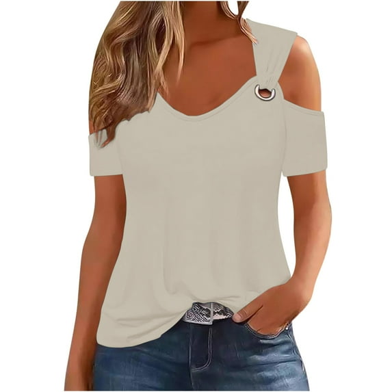 Fheaev Summer Tops For Women 2024 Women Summer Sexy T- Shirt Cold Shoulder Pullover Blouse V-Neck Short Sleeve Solid Tops