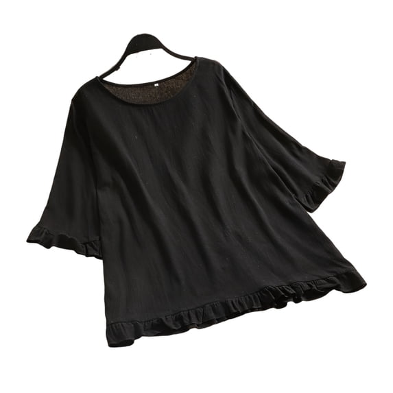 Fheaev Summer Tops For Women 2024 Womens Spring Summer Solid Color Casual Loose Fashion T-Shirt Cotton Linen Ruffles Short Sleeve Round-Neck Tops Blouse