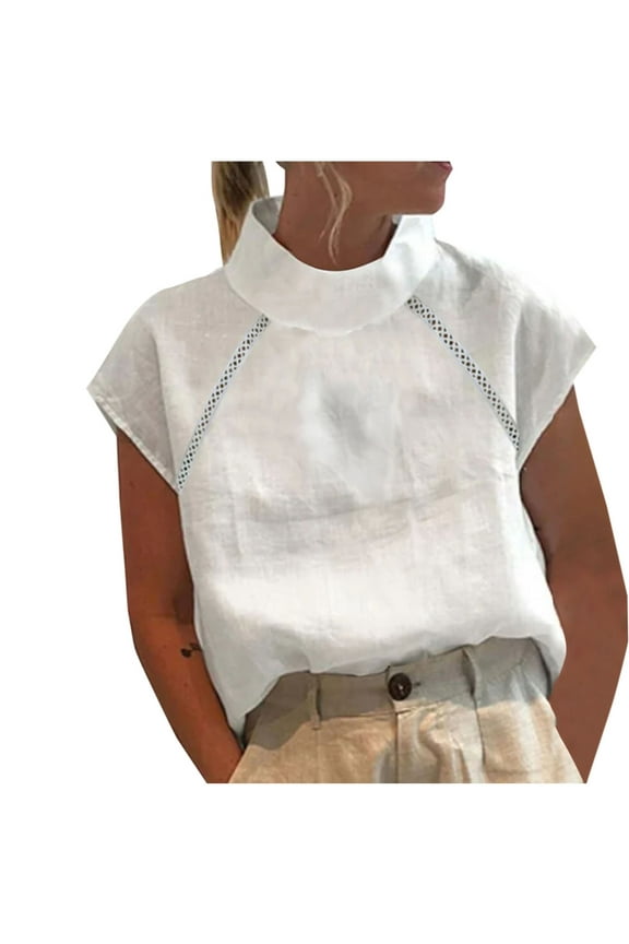 Summer Tops For Women 2024 Womens Spring Summer Solid Color Casual High Neck Top Cotton Hollow Out Design Blouses